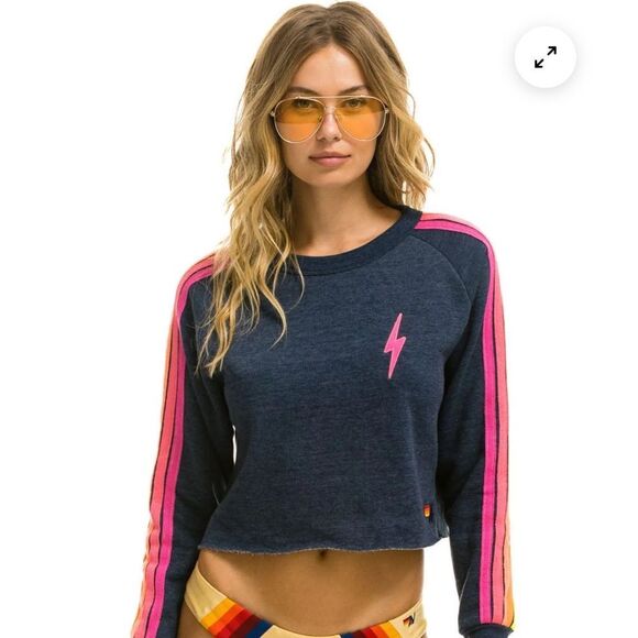 Aviator Nation Tops - Aviator Nation Bolt Embroidery Classic Cropped Crew Sweatshirt Heather Navy Neon